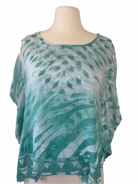 GG Collection Teal and White Printed Blouse with Embellishments